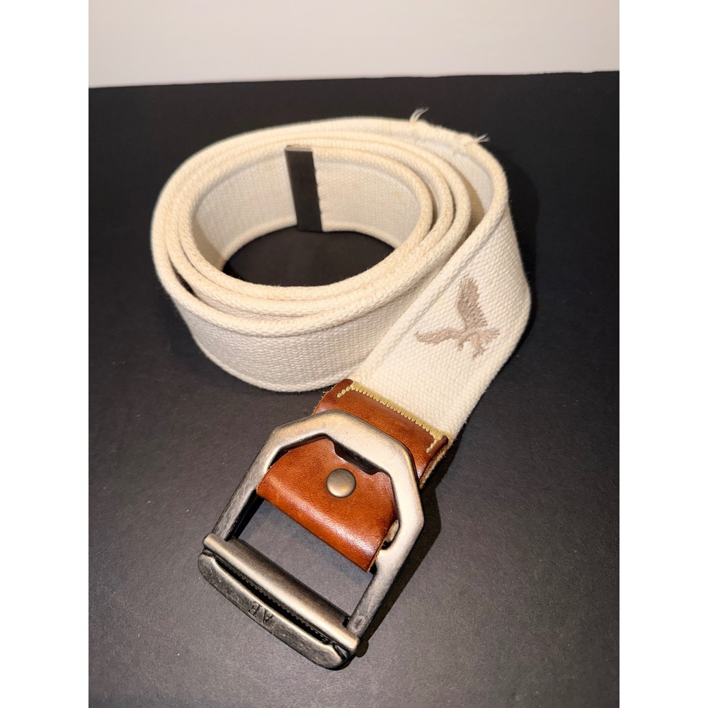 American Eagle Mens Cream Cotton Web Belt Leather Trim Eagle Logo Sz Large